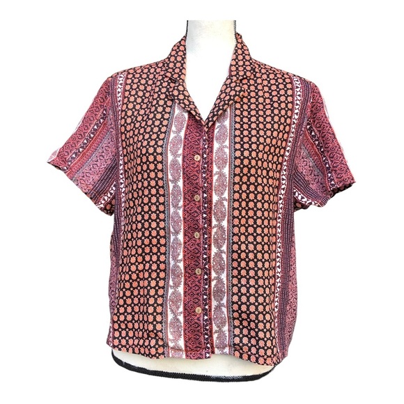 Rachel Zoe Linen Aztec Tribal Print Crop Top‎ Blouse Button Front Size M - Picture 3 of 15